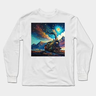 Steam train and mountains and stars oil paint style Long Sleeve T-Shirt